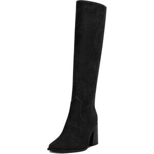 Women Black Polyurethane Knee High Square Toe Side Zipper Block Heel Tall Boots